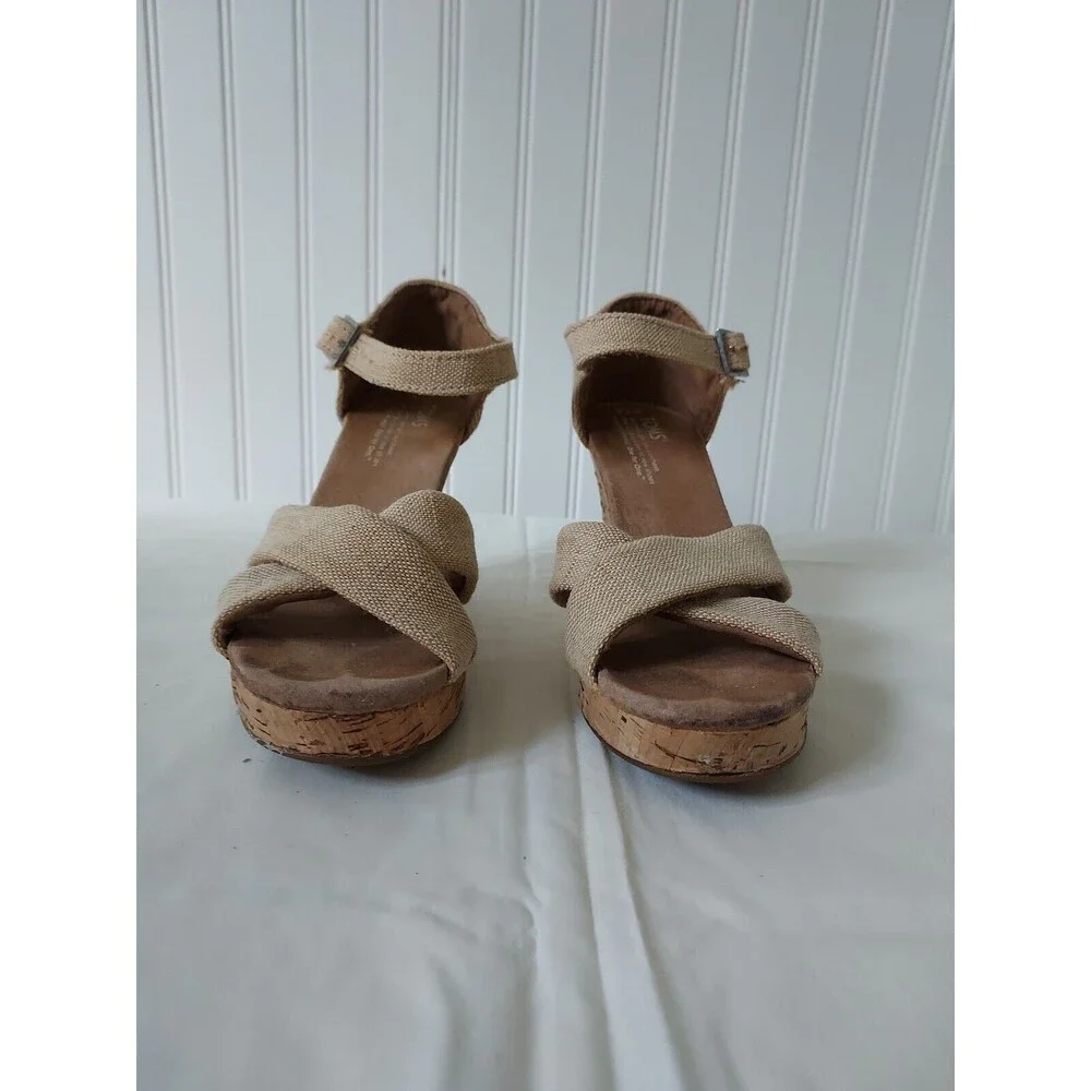 Toms Women's Size 7.5 Sierra Natural Canvas Cork Strappy‎ Wedges Sandals